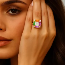 Anti-Tarnish Gold-Finish Square Cut Accent Stone Ring