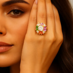 Anti-Tarnish Sunburst Gemstone Diamond Ring