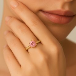 Anti-Tarnish Gold Finish Pink Solitaire Engagement Ring,