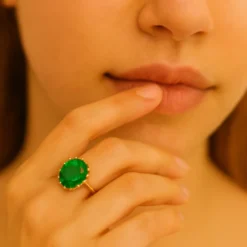 Oval Cut Emerald Green Statement Ring – Gold-Tone