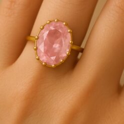 Anti-Tarnish Shiny Rose Pink Oval Ring – Gold-Tone