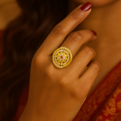 Anti-Tarnish Regal Blossom Crystal Round Ring – Gold Finish